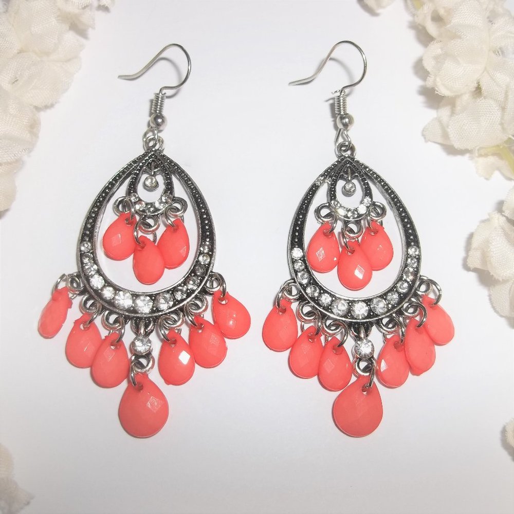 Orange Chandelier Earrings with Faux Diamond Rhinestone Statement Drop Set A511
